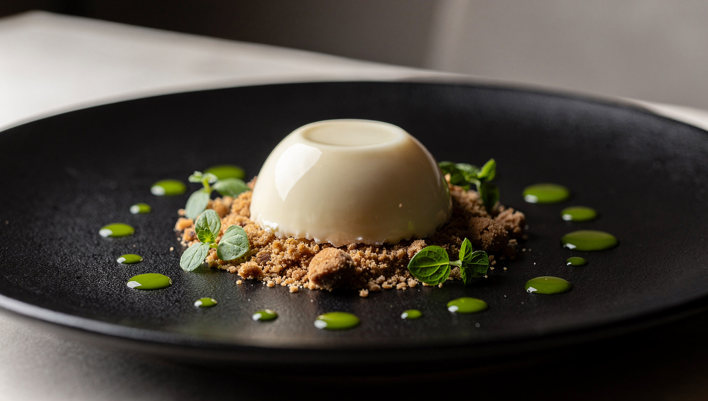 Vanilla Panna Cotta with Biscuit Soil, Herb Notes & Fresh Herbs